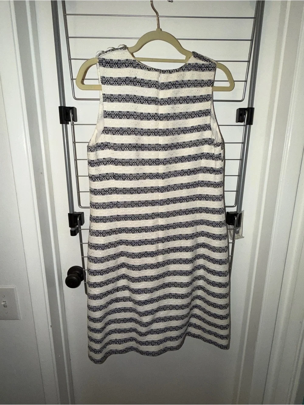 J Crew Striped Tweed Sheath Dress with Button Shoulder Detail
